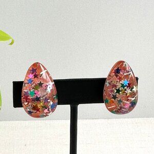 Vintage Confetti Lucite Clip-On Earrings With Colorful Star Glitter Design